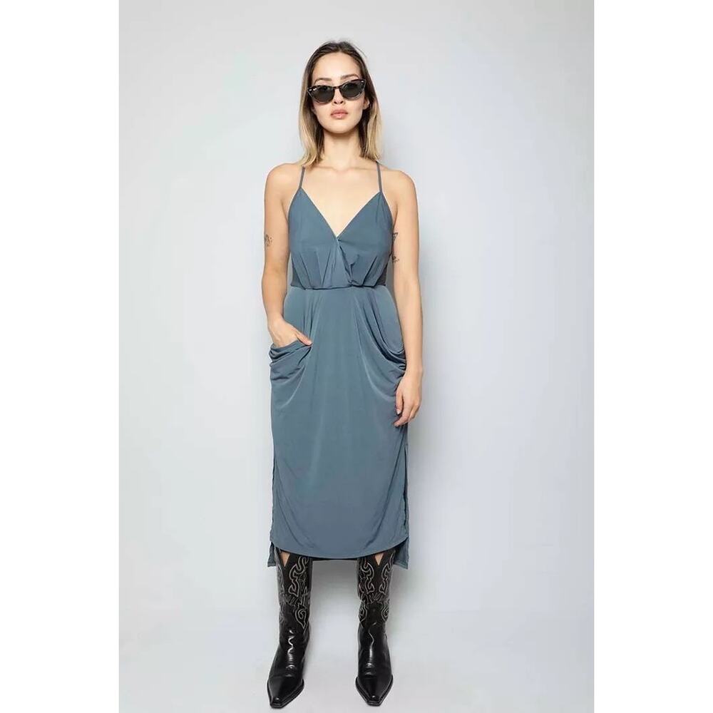 BCBGeneration Dusty Blue Draped Pocket Midi Dress Racerback Sleeveless Size M